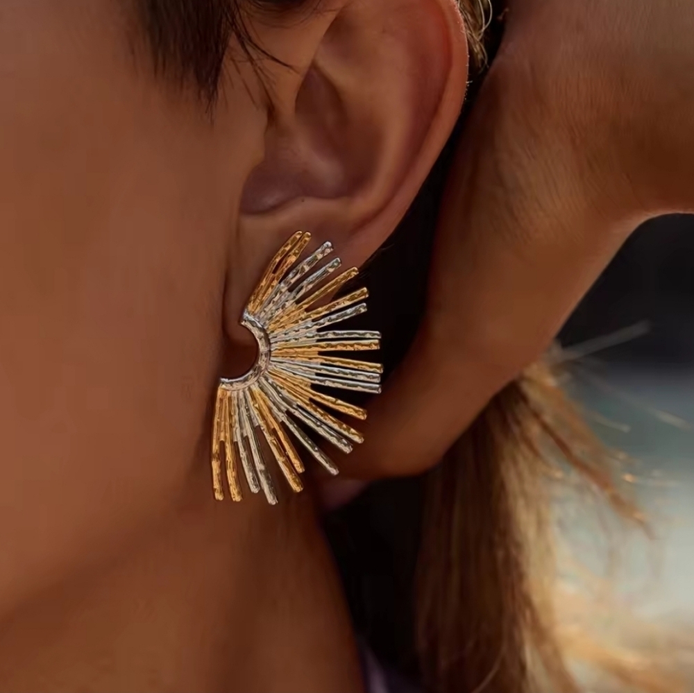 Two-Tone Sunburst Fan Statement  Earrings • Gold Plated • NWOT